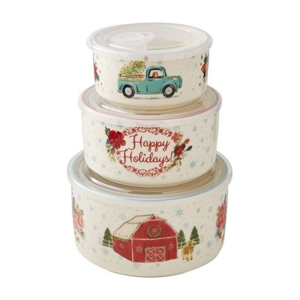 Pioneer Woman Floral Medley Holiday Christmas Nesting Bowl Round Bakeware 6PcSet